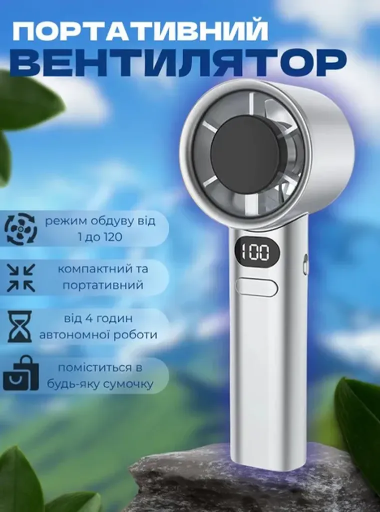Портативний вентилятор із дисплеєм FANCHUANG ручний вентилятор акумуляторний mini USB дуйчик кишеньковий Сріблястий