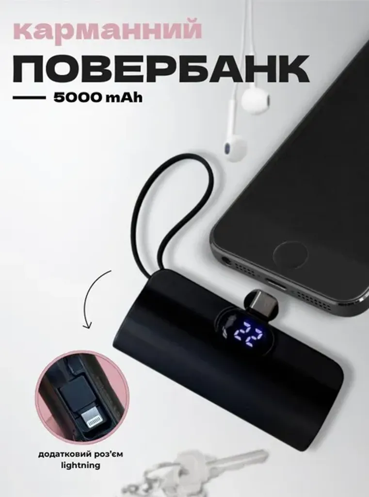 Міні павербанк BOXUY BY-M148 5000 мАг маленька кишенькова зарядка для смартфонів, зовнішній портативний акумулятор для подорожей Чорний