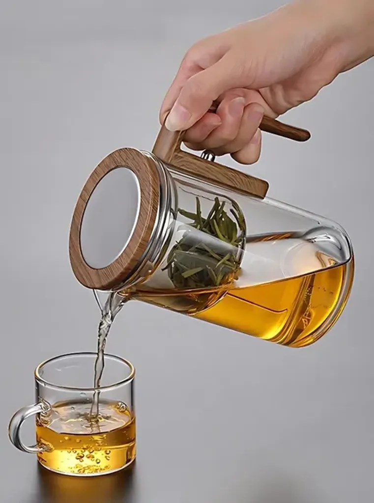 Заварник для чаю скляний із фільтром Sinyao Стильний скляний френч прес для чаю з дерев'яною ручкою