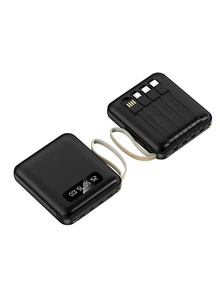 Портативний павербанк 10000 мАг Ki-034 зарядний пристрій з 4 вбудованими кабелями та LED-дисплеєм, швидка зарядка, Type-C, чорний