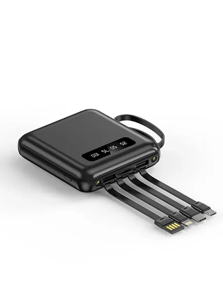 Портативний павербанк 10000 мАг Ki-034 зарядний пристрій з 4 вбудованими кабелями та LED-дисплеєм, швидка зарядка, Type-C, чорний