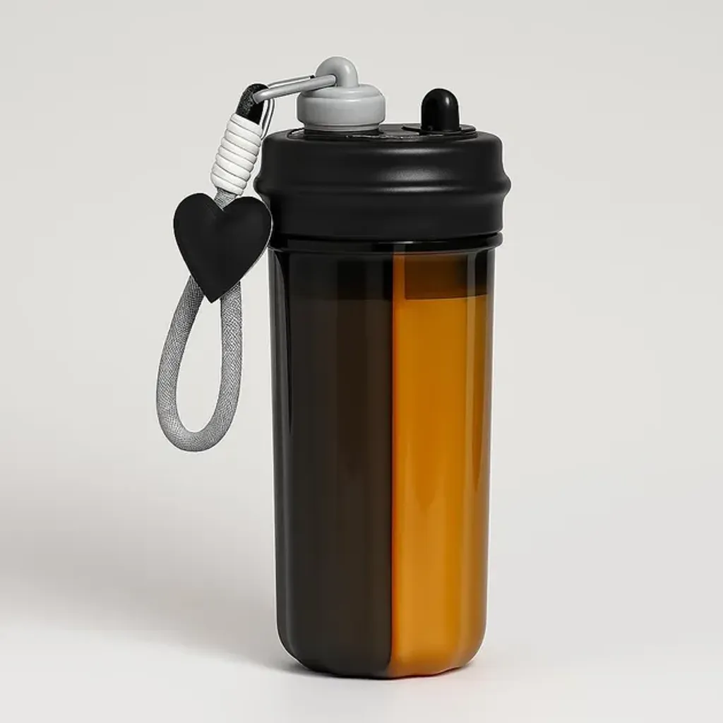 Пляшка з подвійним відділенням 850 мл з трубочкою та ремінцем Mimi пляшка для напоїв стильна пластикова Чорна
