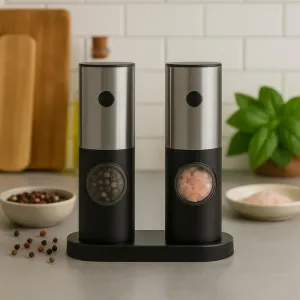 Набір електричних млинів для солі та перцю Jinhui KYMQ-14-BS дробарки на батарейках для спецій 2 штуки з підставкою чорні з сірим