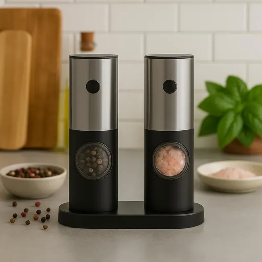 Набір електричних млинів для солі та перцю Jinhui KYMQ-14-BS дробарки на батарейках для спецій 2 штуки з підставкою чорні з сірим