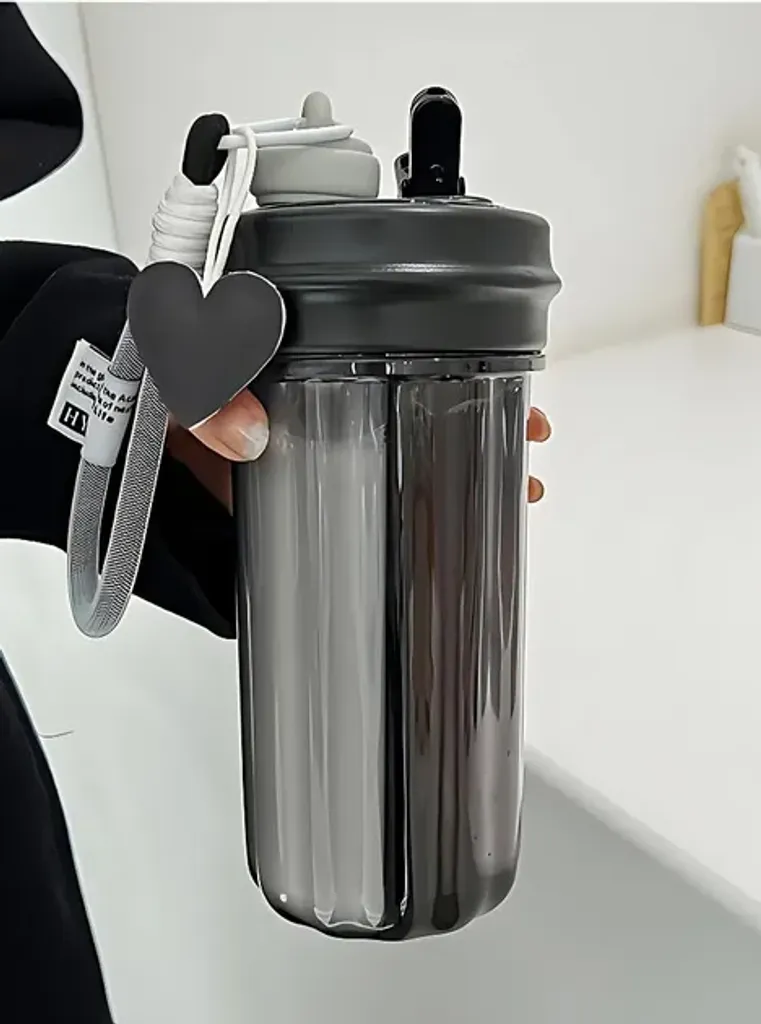 Пляшка з подвійним відділенням 850 мл з трубочкою та ремінцем Mimi пляшка для напоїв стильна пластикова Чорна