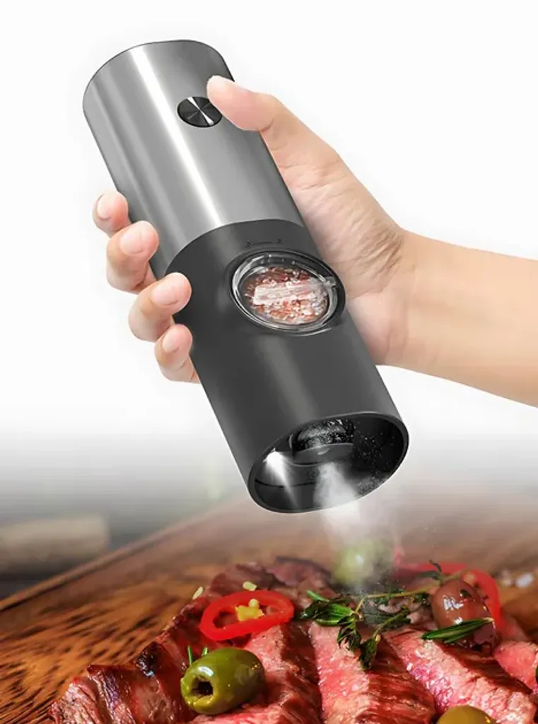 Набір електричних млинів для солі та перцю Jinhui KYMQ-14-BS дробарки на батарейках для спецій 2 штуки з підставкою чорні з сірим