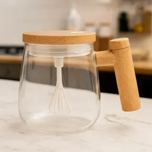 Електричний кухоль блендер Miracle BC04 збивач для кави, молока та яєць скляний з бамбуковою кришкою 400 мл USB 1 швидкість