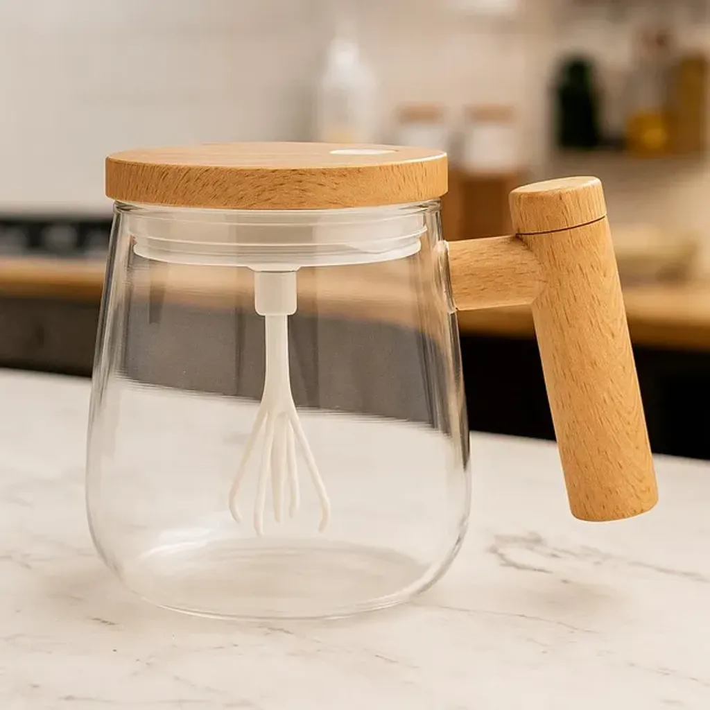 Електричний кухоль блендер Miracle BC04 збивач для кави, молока та яєць скляний з бамбуковою кришкою 400 мл USB 1 швидкість