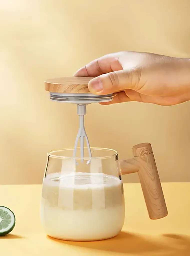 Електричний кухоль блендер Miracle BC04 збивач для кави, молока та яєць скляний з бамбуковою кришкою 400 мл USB 1 швидкість