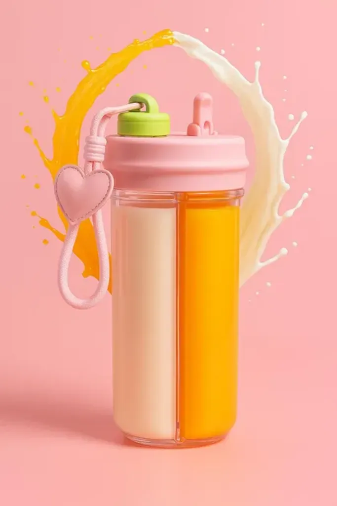 Пляшка з подвійним відділенням 850 мл з трубочкою та ремінцем Mimi пляшка для напоїв стильна пластикова Рожева