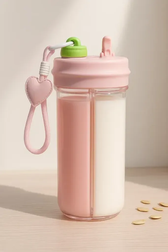 Пляшка з подвійним відділенням 850 мл з трубочкою та ремінцем Mimi пляшка для напоїв стильна пластикова Рожева