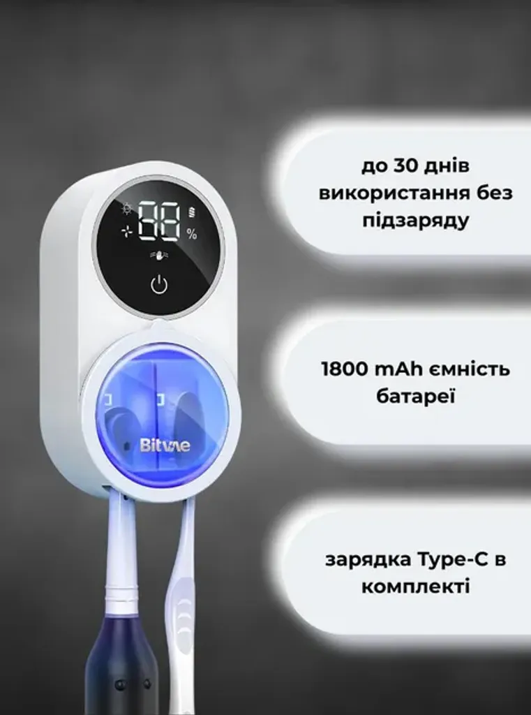Ультрафіолетовий дезінфектор і тримач для зубних щіток Bitvae BV-X122 тримач з сенсорним відкриванням USB-C настінний з таймером