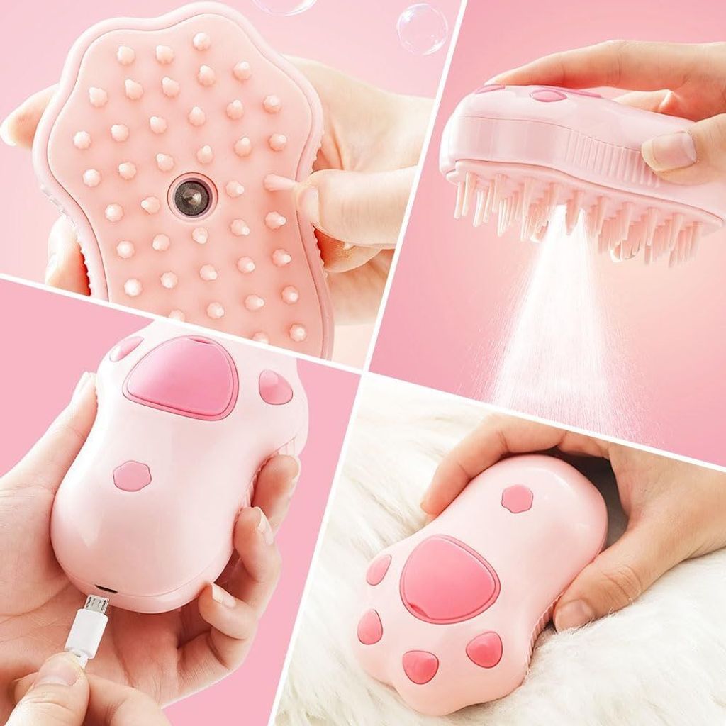 Електрична парова щітка для тварин Котяча лапка 3-в-1 Рожевий